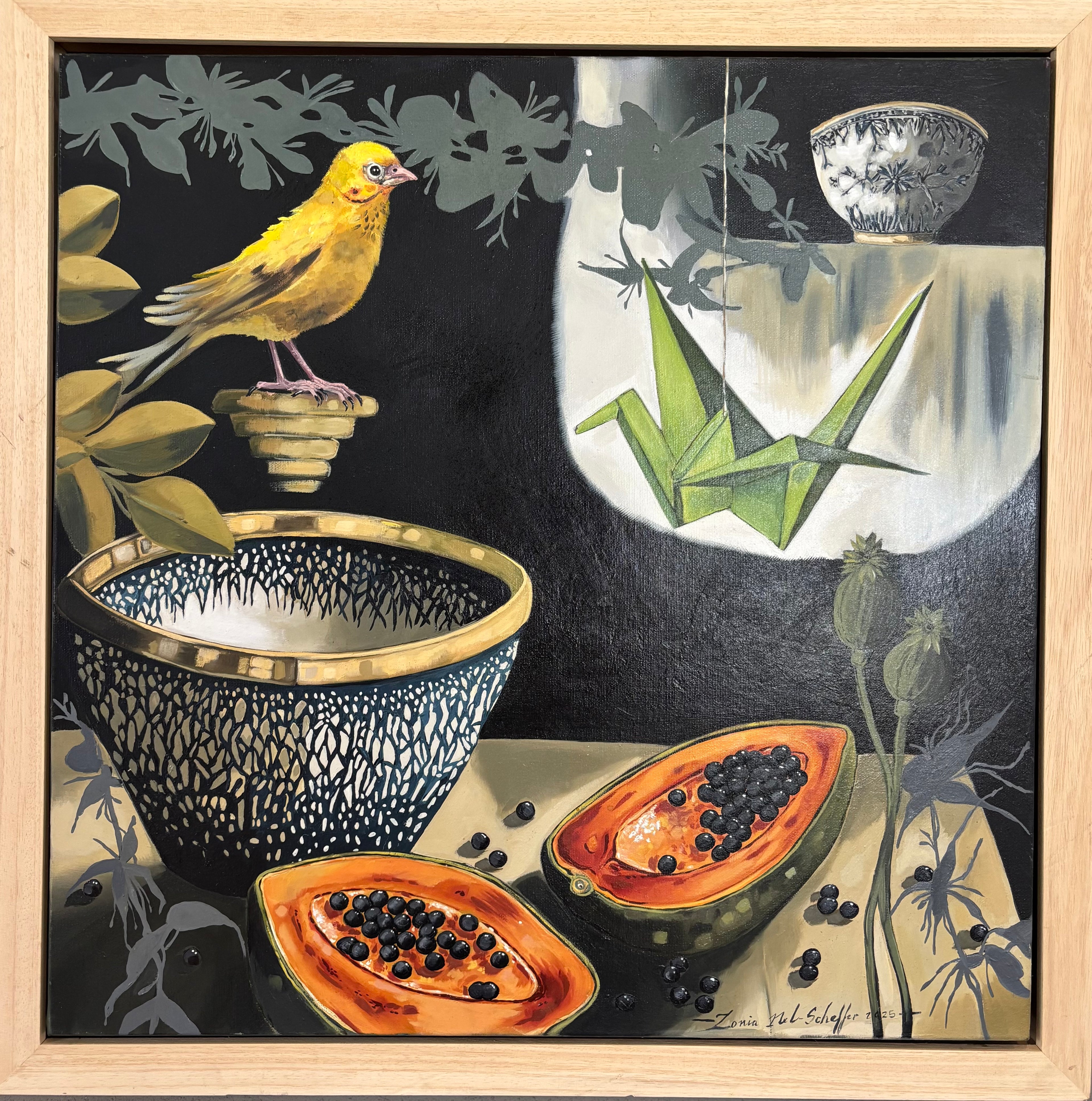 Still life with Papaya and yellow bird