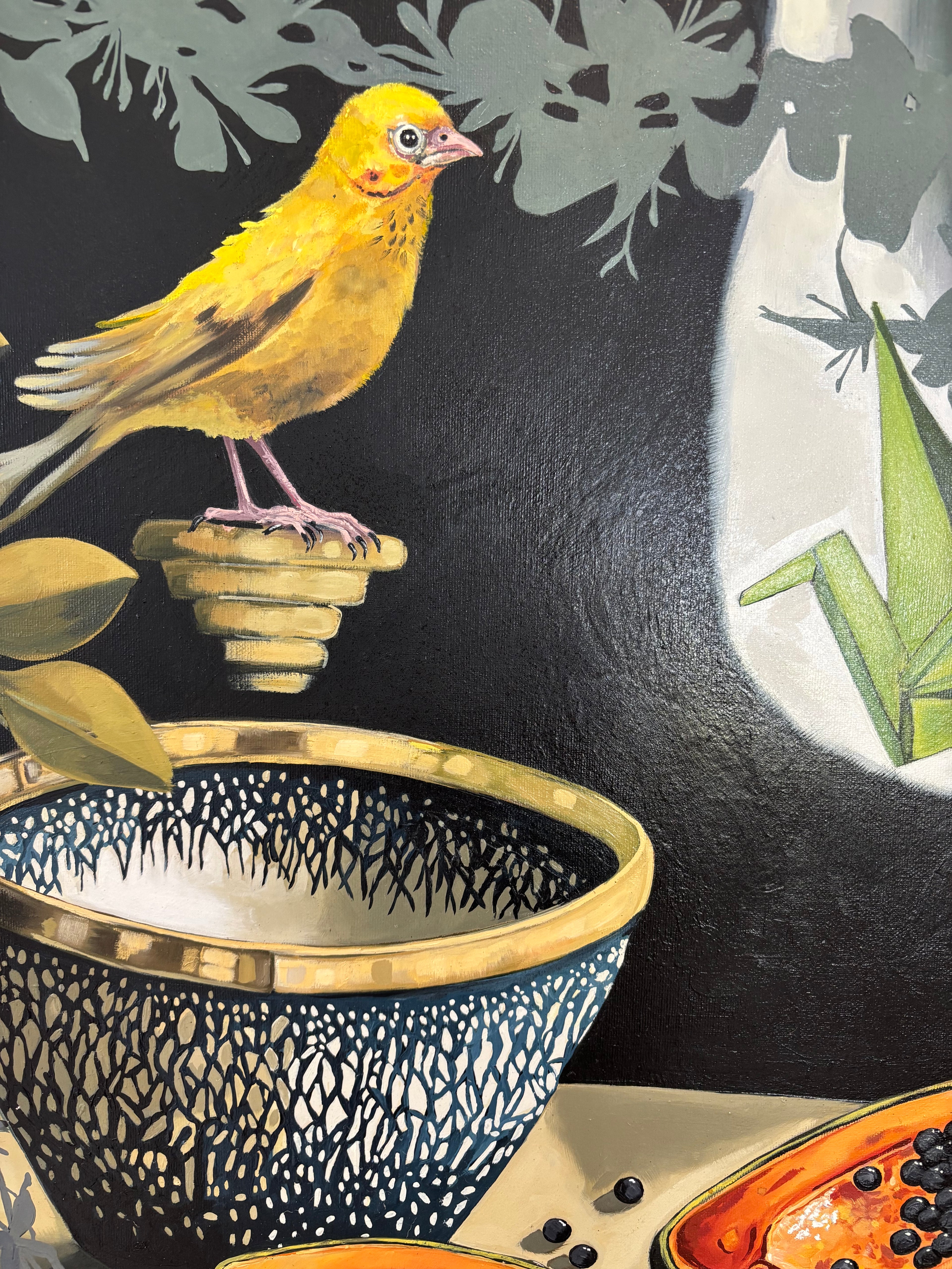 Still life with Papaya and yellow bird